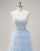 3D Flower A-Line Spaghetti Tiered Tulle Prom Dress