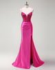 Fuchsia Mermaid Spaghetti Crystal Ruched Prom Dress with Slit