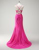 Fuchsia Mermaid Spaghetti Crystal Ruched Prom Dress with Slit