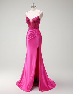 Fuchsia Mermaid Spaghetti Crystal Ruched Prom Dress with Slit