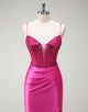 Fuchsia Mermaid Spaghetti Crystal Ruched Prom Dress with Slit