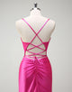 Fuchsia Mermaid Spaghetti Crystal Ruched Prom Dress with Slit