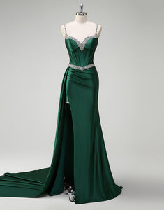 Dark Green Spaghetti Mermaid Satin Long Prom Dress with Sequins