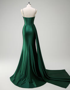 Dark Green Spaghetti Mermaid Satin Long Prom Dress with Sequins