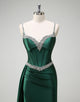 Dark Green Spaghetti Mermaid Satin Long Prom Dress with Sequins