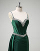 Dark Green Spaghetti Mermaid Satin Long Prom Dress with Sequins