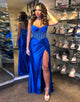 Royal Blue Spaghetti Crystal Ruched Mermaid Prom Dress with Slit