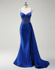 Royal Blue Spaghetti Crystal Ruched Mermaid Prom Dress with Slit