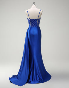 Royal Blue Spaghetti Crystal Ruched Mermaid Prom Dress with Slit