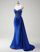 Royal Blue Spaghetti Crystal Ruched Mermaid Prom Dress with Slit