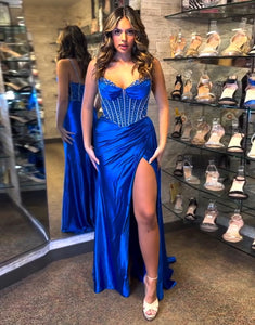 Royal Blue Spaghetti Crystal Ruched Mermaid Prom Dress with Slit