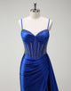 Royal Blue Spaghetti Crystal Ruched Mermaid Prom Dress with Slit