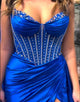 Royal Blue Spaghetti Crystal Ruched Mermaid Prom Dress with Slit