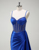 Royal Blue Spaghetti Crystal Ruched Mermaid Prom Dress with Slit