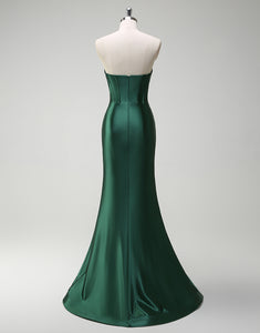 Dark Green Satin Mermaid Sweetheart Hollow Long Prom Dress with Slit