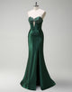 Dark Green Satin Mermaid Sweetheart Hollow Long Prom Dress with Slit