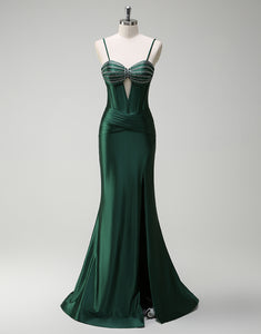 Dark Green Satin Mermaid Sweetheart Hollow Long Prom Dress with Slit