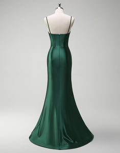 Dark Green Satin Mermaid Sweetheart Hollow Long Prom Dress with Slit