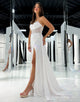 White Mermaid Strapless Corset Flowers Long Prom Dress with Slit