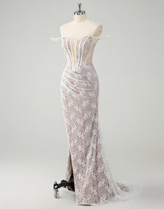 White Lace Applique Mermaid Strapless Prom Dress with Slit