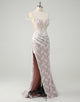 White Lace Applique Mermaid Strapless Prom Dress with Slit