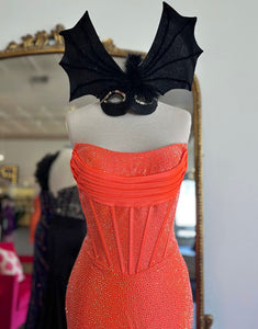 Orange Mermaid Strapless Sequin Slit Prom Dress