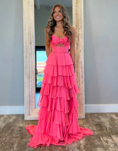 Yellow Sweetheart Flower Neck Chiffon A-Line Tiered Prom Dress