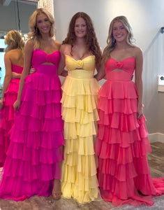 Yellow Sweetheart Flower Neck Chiffon A-Line Tiered Prom Dress