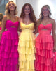 Yellow Sweetheart Flower Neck Chiffon A-Line Tiered Prom Dress