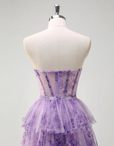 Lilac Printed Princess Tulle Tiered Off the Shoulder Long Prom Dress