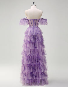 Lilac Printed Princess Tulle Tiered Off the Shoulder Long Prom Dress