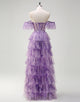 Lilac Printed Princess Tulle Tiered Off the Shoulder Long Prom Dress