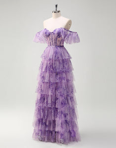 Lilac Printed Princess Tulle Tiered Off the Shoulder Long Prom Dress