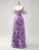 Lilac Printed Princess Tulle Tiered Off the Shoulder Long Prom Dress