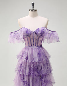 Lilac Printed Princess Tulle Tiered Off the Shoulder Long Prom Dress