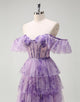 Lilac Printed Princess Tulle Tiered Off the Shoulder Long Prom Dress