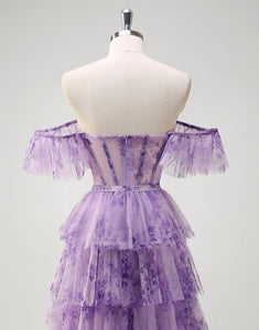 Lilac Printed Princess Tulle Tiered Off the Shoulder Long Prom Dress