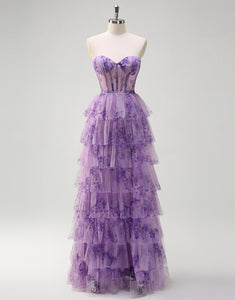 Lilac Printed Princess Tulle Tiered Off the Shoulder Long Prom Dress