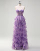 Lilac Printed Princess Tulle Tiered Off the Shoulder Long Prom Dress