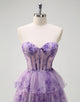 Lilac Printed Princess Tulle Tiered Off the Shoulder Long Prom Dress