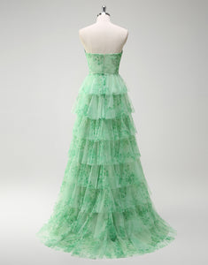 Green Flower Printed A-Line Sweetheart Tulle Tiered Long Prom Dress