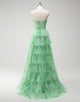 Green Flower Printed A-Line Sweetheart Tulle Tiered Long Prom Dress