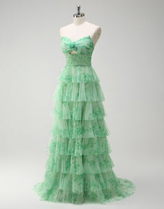 Green Flower Printed A-Line Sweetheart Tulle Tiered Long Prom Dress