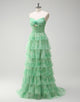 Green Flower Printed A-Line Sweetheart Tulle Tiered Long Prom Dress