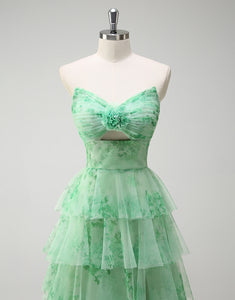 Green Flower Printed A-Line Sweetheart Tulle Tiered Long Prom Dress