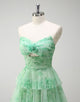 Green Flower Printed A-Line Sweetheart Tulle Tiered Long Prom Dress