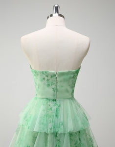 Green Flower Printed A-Line Sweetheart Tulle Tiered Long Prom Dress