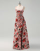 Pink Red A-Line Spaghetti Flower Print Slit Prom Dress