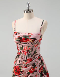 Pink Red A-Line Spaghetti Flower Print Slit Prom Dress