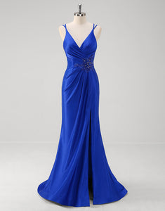 Royal Blue Mermaid Spaghetti Applique Slit Prom Dress